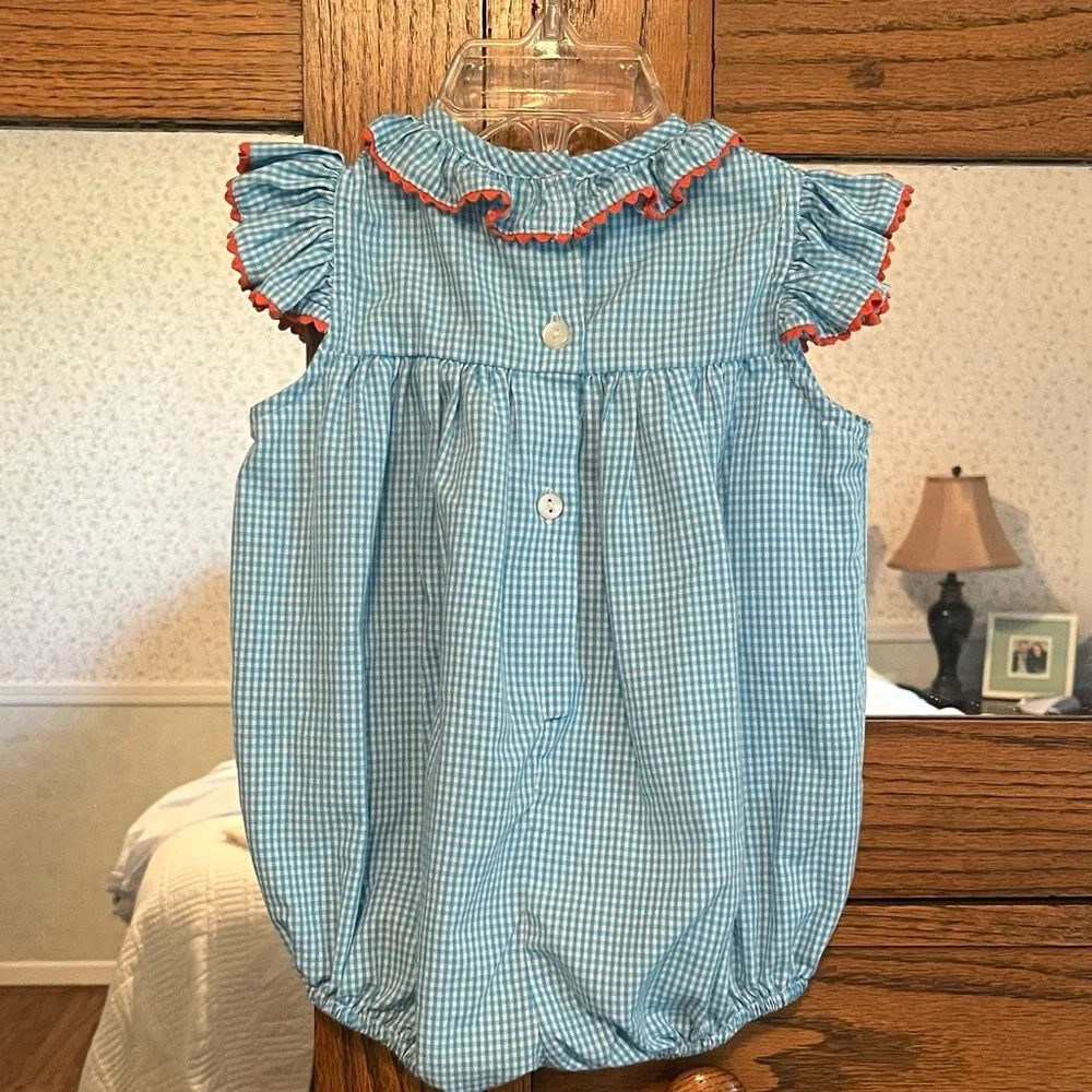 Blue Gingham Baby Romper with Appliquéd Giraffe